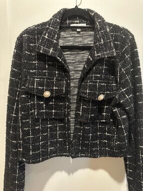 Sincerly Jules Black and White Tweed Cropped Blazer with Pearl Buttons